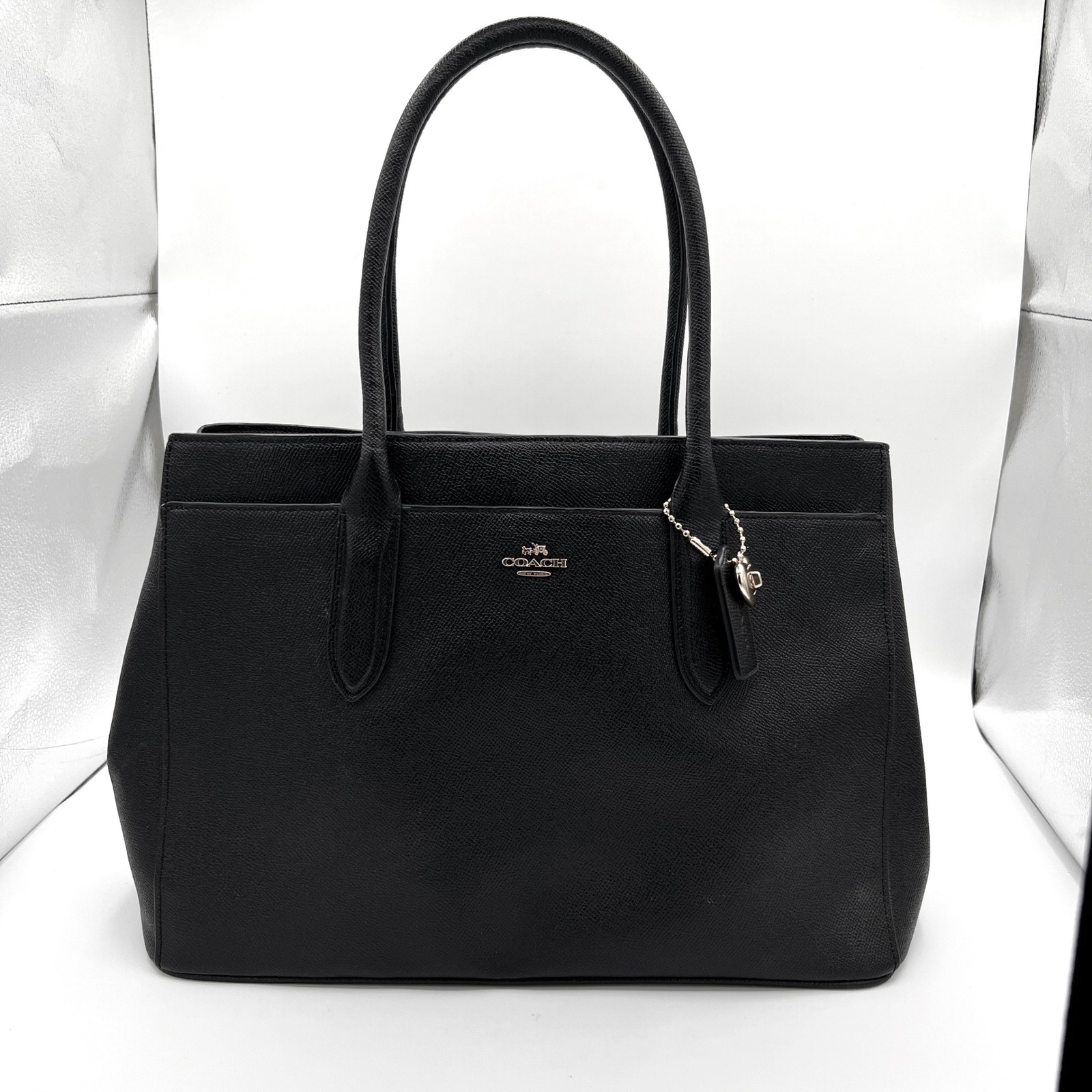 Coach Pebbled Leather Tote Bag Top Handle Black Gold Heart Charm Black Lining